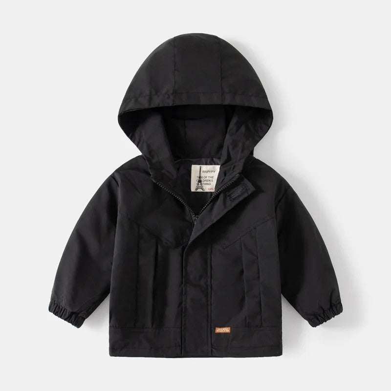 Boys' Hooded Jacket - Solid Color with Front Zipper