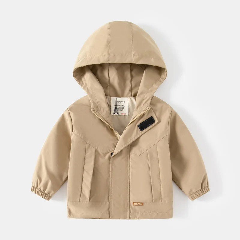 Boys' Hooded Jacket - Solid Color with Front Zipper