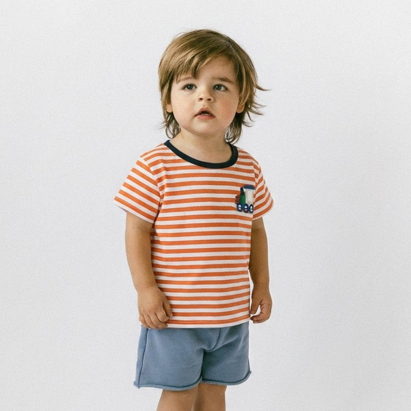 Boys' Short-Sleeve Striped T-Shirt - Train Appliqué