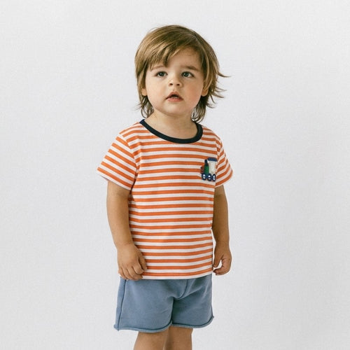 Boys' Short-Sleeve Striped T-Shirt - Train Appliqué