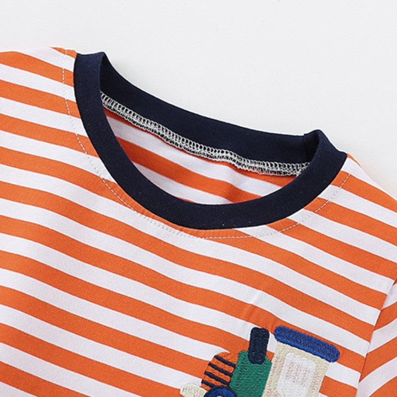 Boys' Short-Sleeve Striped T-Shirt - Train Appliqué