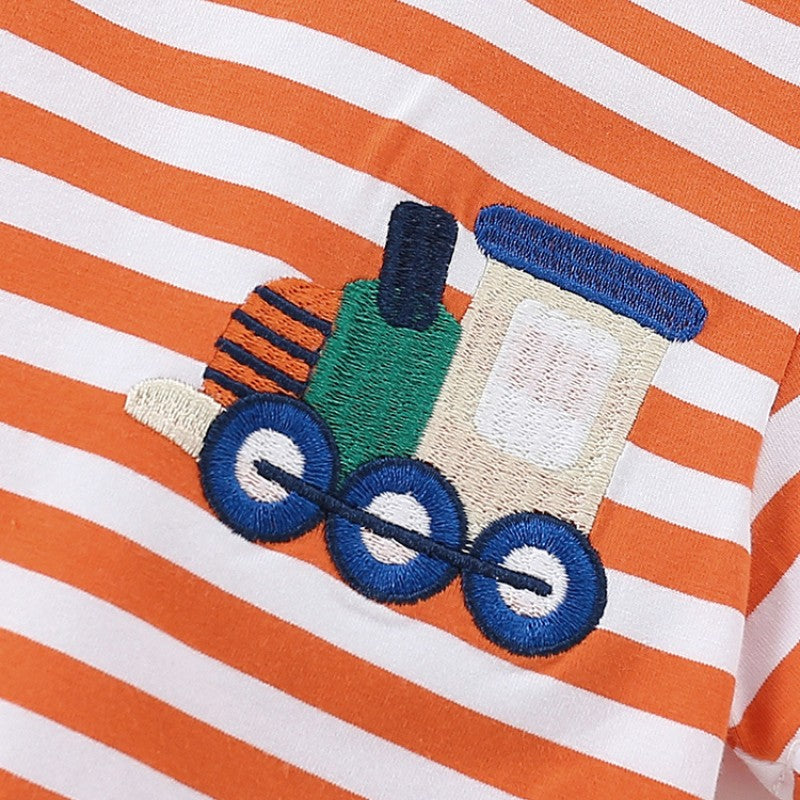 Boys' Short-Sleeve Striped T-Shirt - Train Appliqué