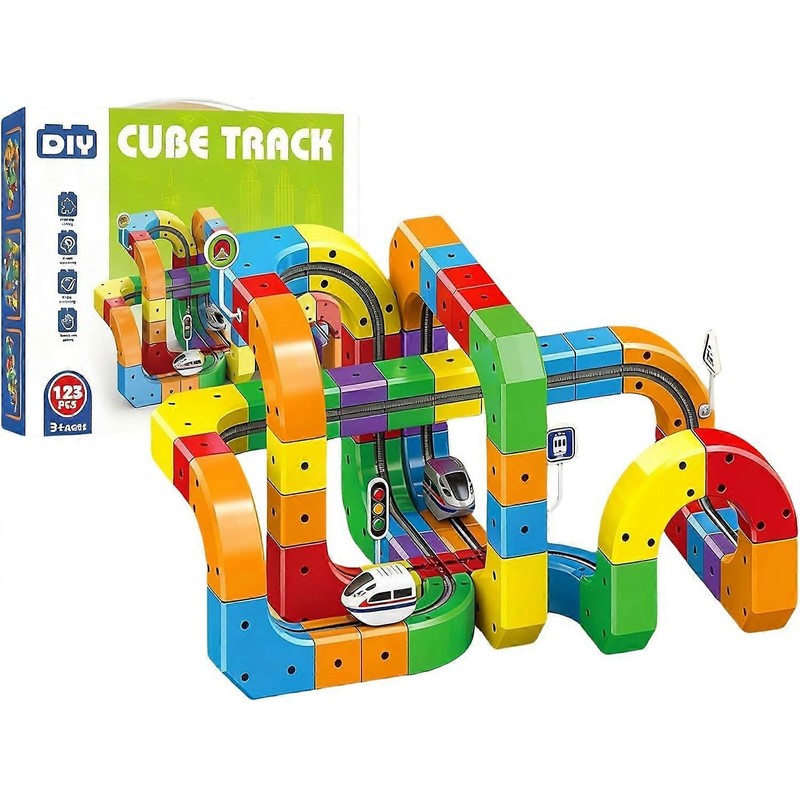Building Block Train Track Set - Modular Cube Shaped Track with Train