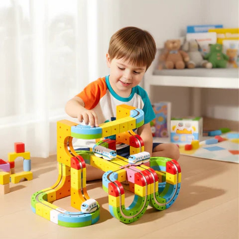 Building Block Train Track Set - Modular Cube Shaped Track with Train