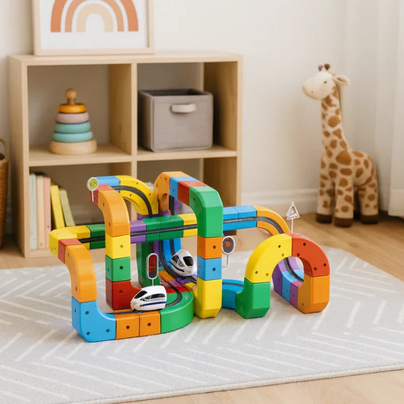 Building Block Train Track Set - Modular Cube Shaped Track with Train