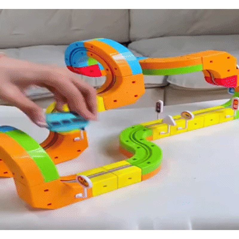 Building Block Train Track Set - Modular Cube Shaped Track with Train