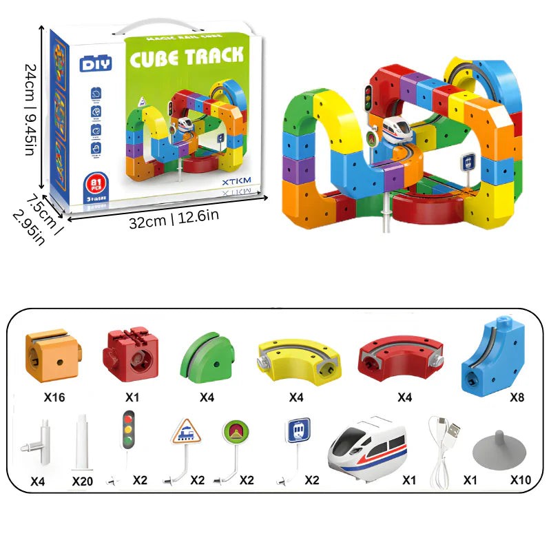 Building Block Train Track Set - Modular Cube Shaped Track with Train