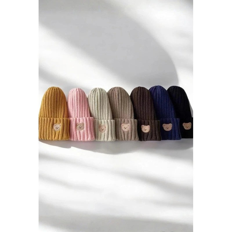 Children's Knitted Beanie Hat - Bear Face Embroidery