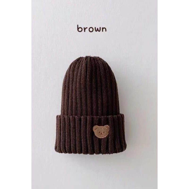 Children's Knitted Beanie Hat - Bear Face Embroidery