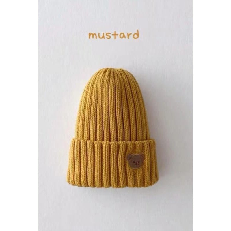 Children's Knitted Beanie Hat - Bear Face Embroidery