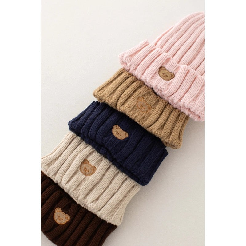 Children's Knitted Beanie Hat - Bear Face Embroidery