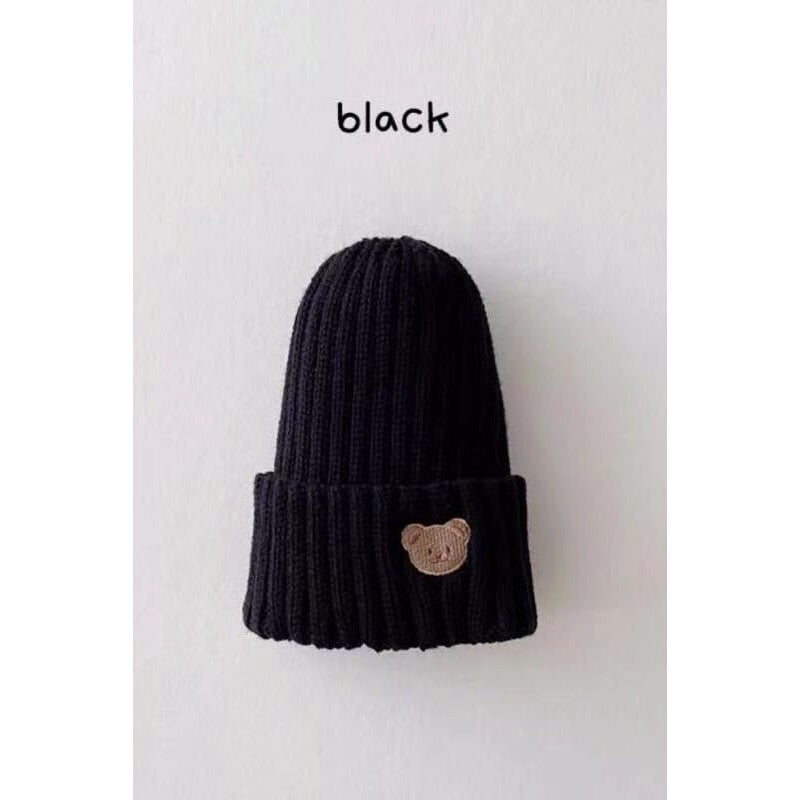 Children's Knitted Beanie Hat - Bear Face Embroidery