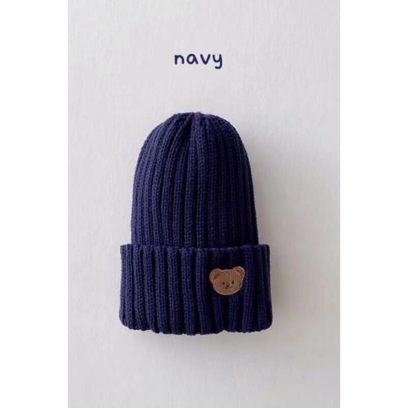 Children's Knitted Beanie Hat - Bear Face Embroidery
