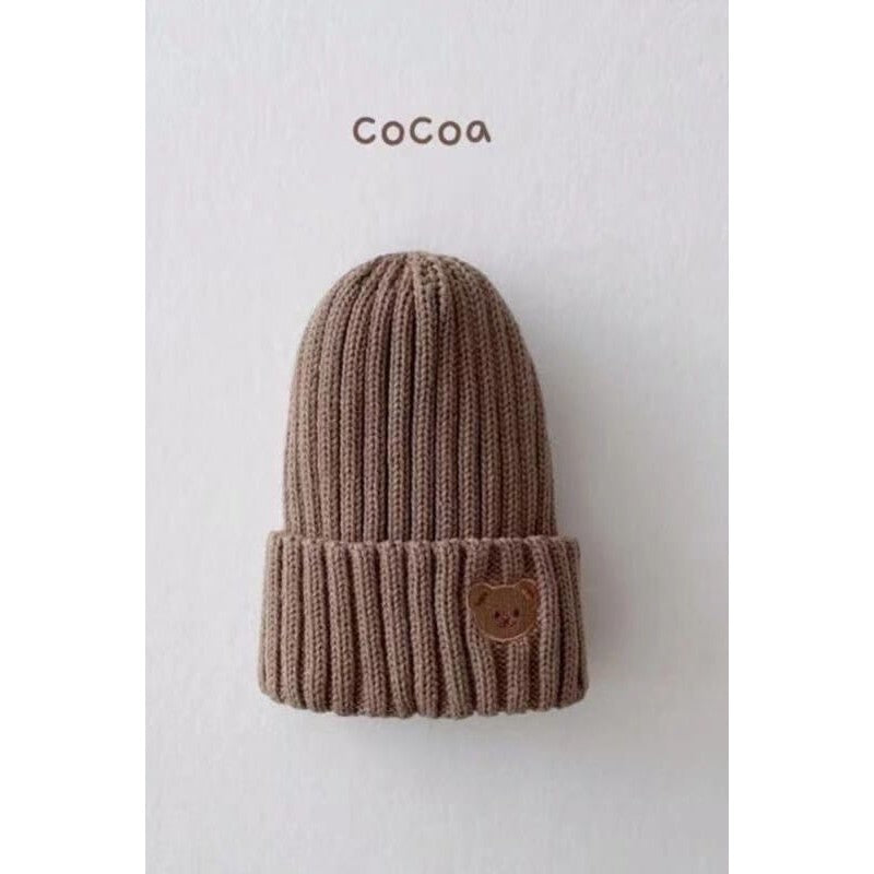 Children's Knitted Beanie Hat - Bear Face Embroidery