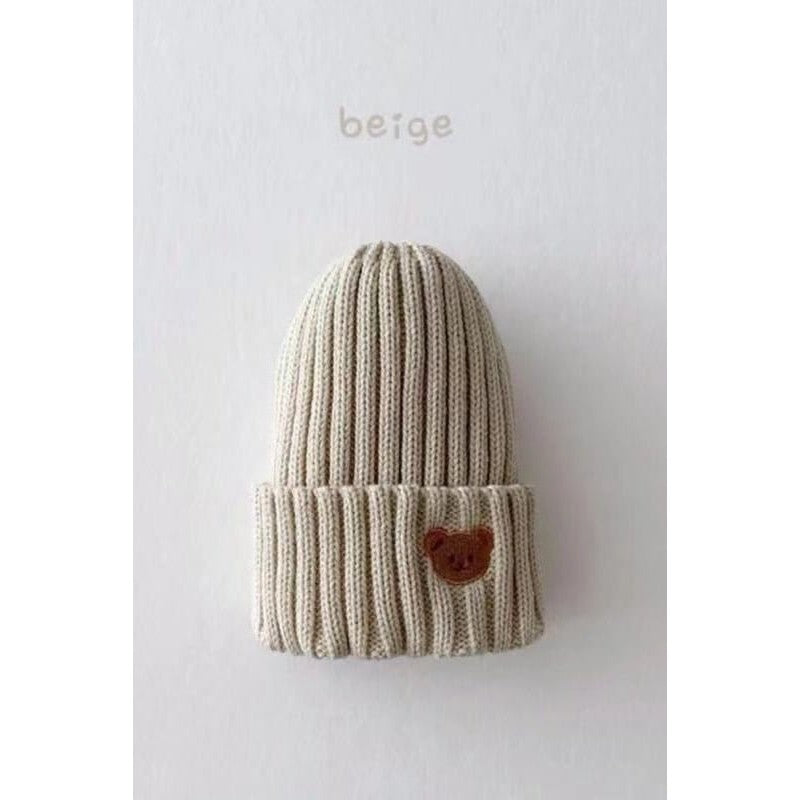 Children's Knitted Beanie Hat - Bear Face Embroidery