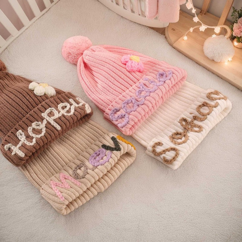 Children's Knitted Beanie Hat with Pom Pom - Ribbed Cuff