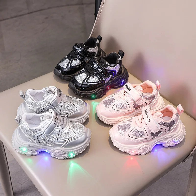 Children's LED Light-Up Sneakers with Glitter Panels