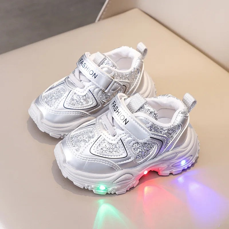 Children's LED Light-Up Sneakers with Glitter Panels