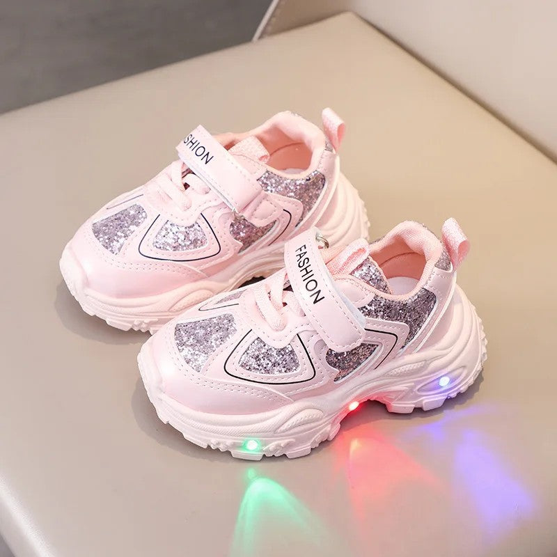 Children's LED Light-Up Sneakers with Glitter Panels