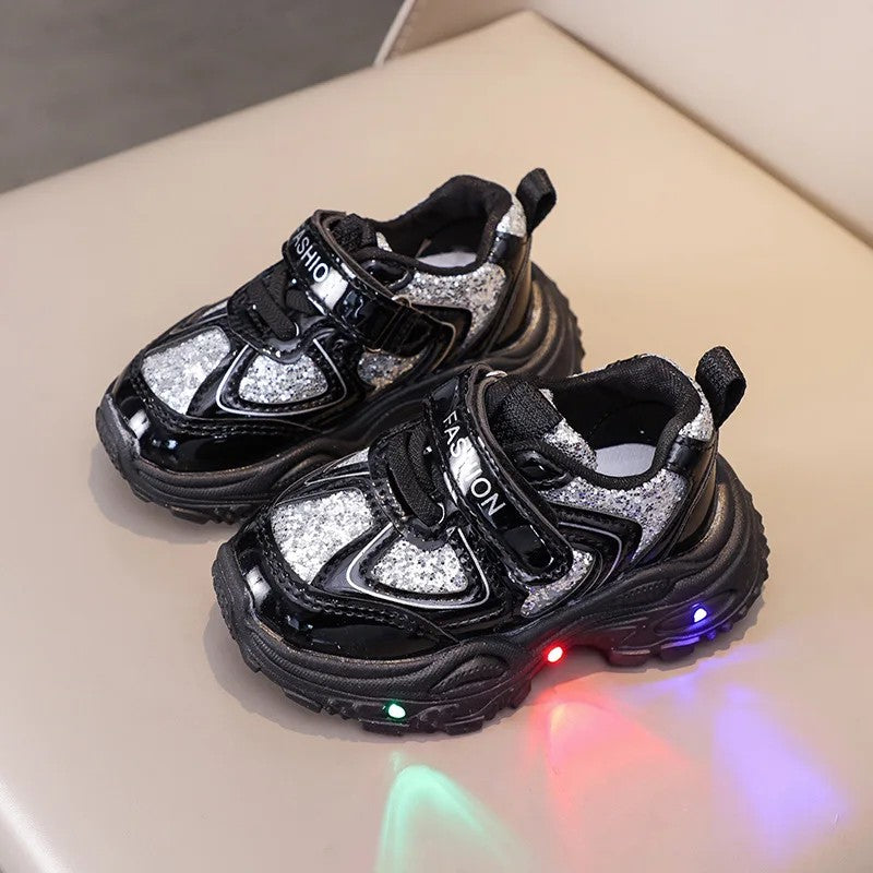 Children's LED Light-Up Sneakers with Glitter Panels