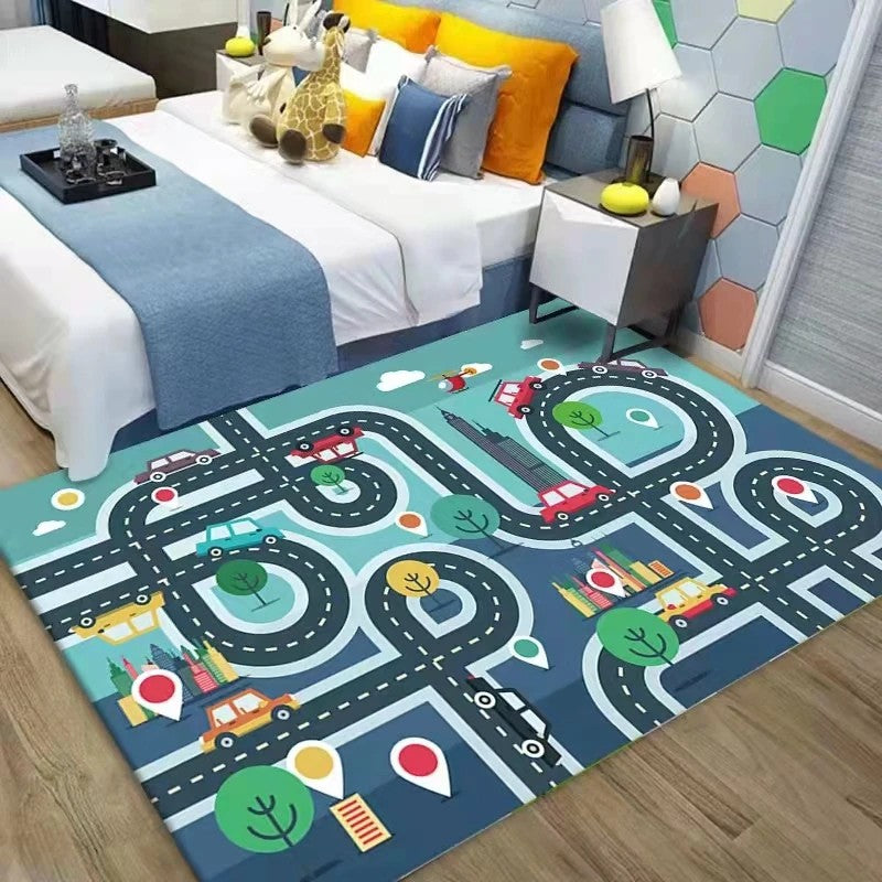Children's Play Mat - City Map with Cartoon Vehicles