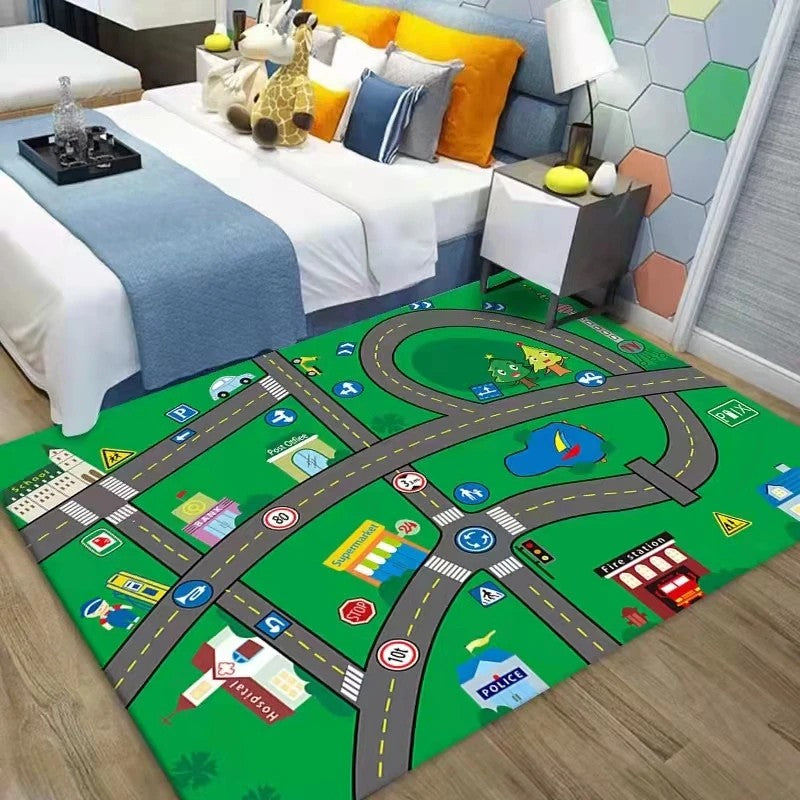 Children's Play Mat - City Map with Cartoon Vehicles