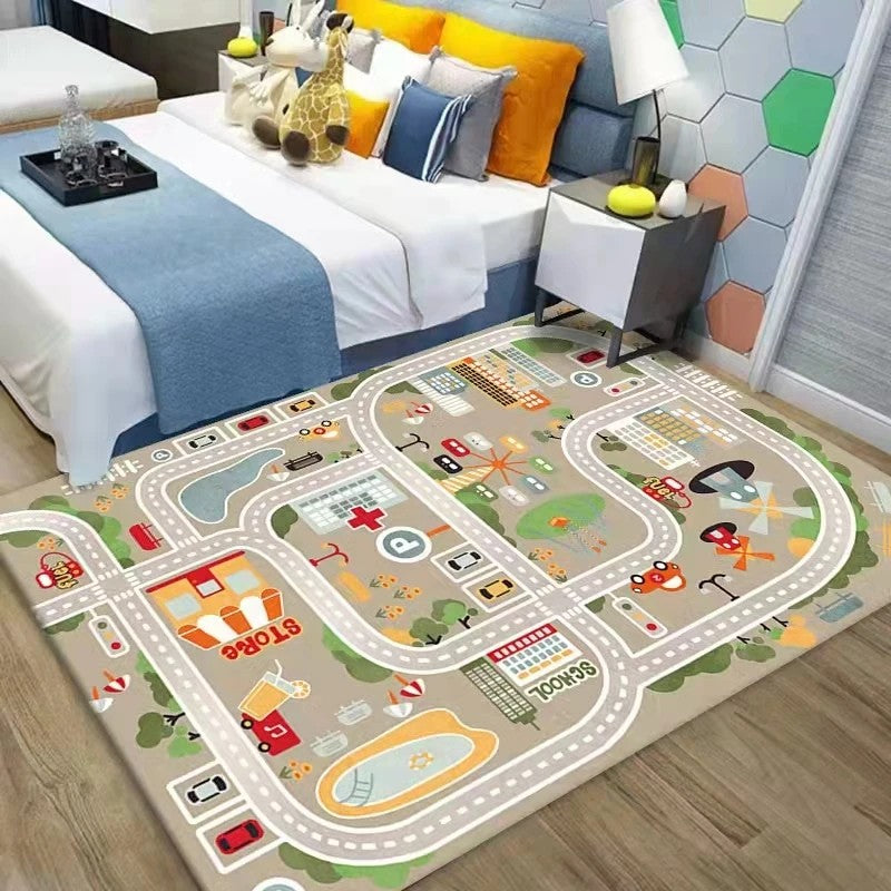 Children's Play Mat - City Map with Cartoon Vehicles