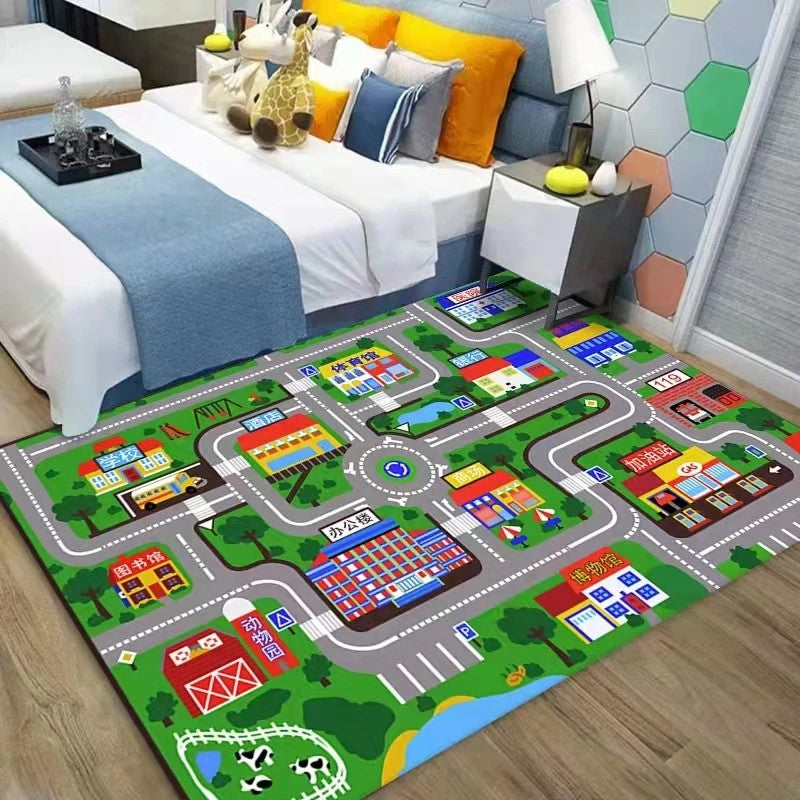 Children's Play Mat - City Map with Cartoon Vehicles