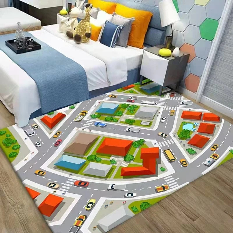 Children's Play Mat - City Map with Cartoon Vehicles