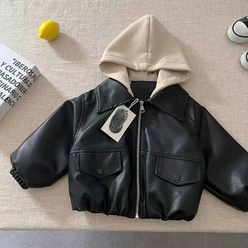 Children's PU Jacket - Relaxed Fit with Detachable Hood