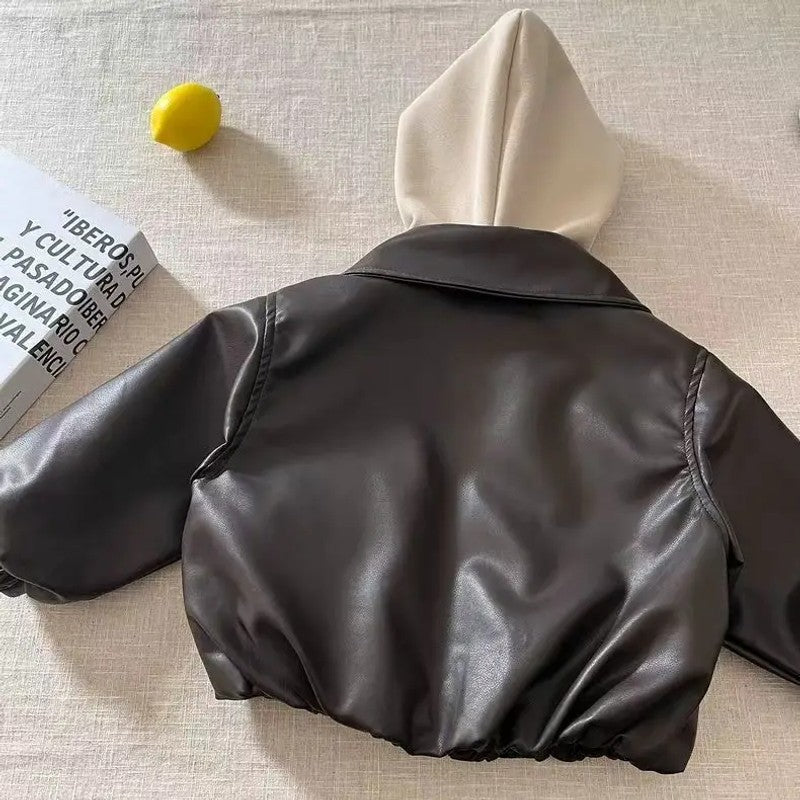 Children's PU Jacket - Relaxed Fit with Detachable Hood