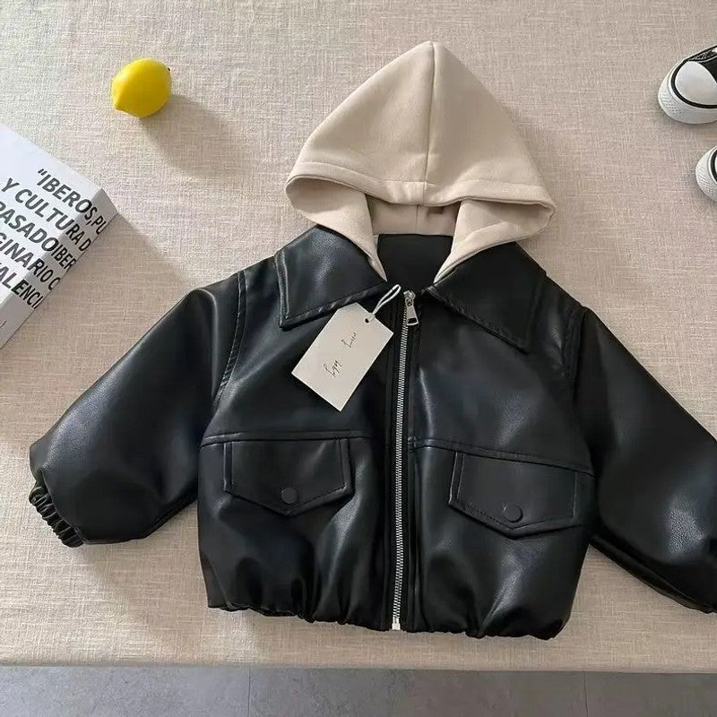 Children's PU Jacket - Relaxed Fit with Detachable Hood