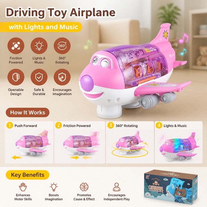Children's Push-and-Go Toy Airplane - Flashing Lights and Music