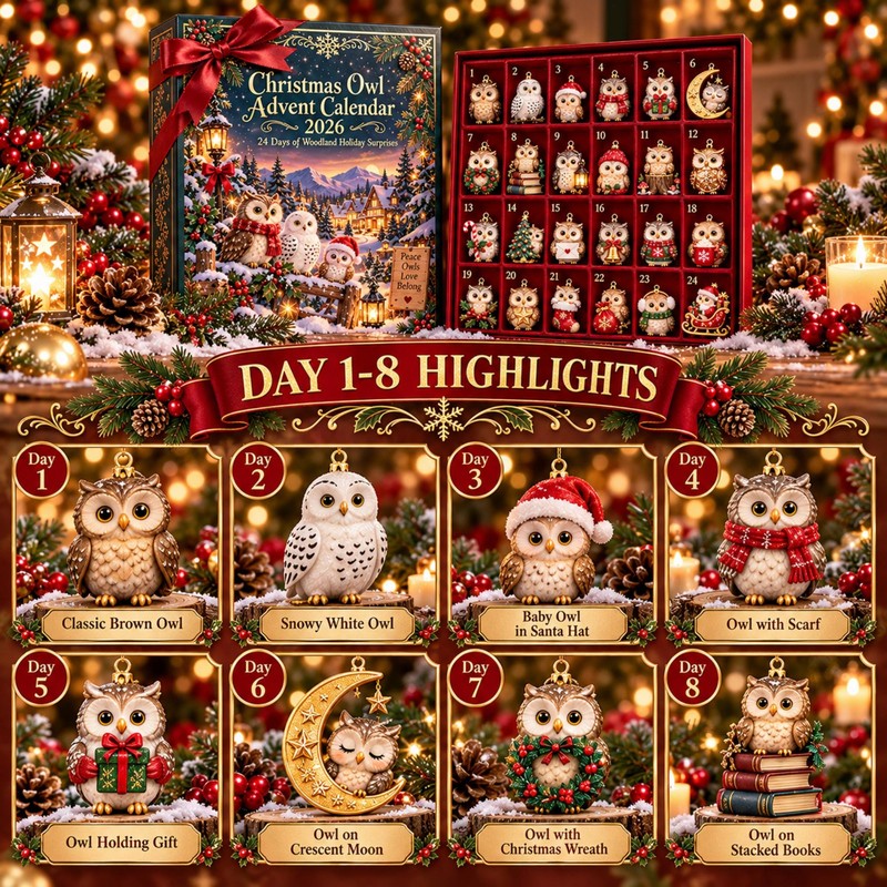 Christmas Advent Calendar - Set of 24 Owl-Themed Hanging Ornaments