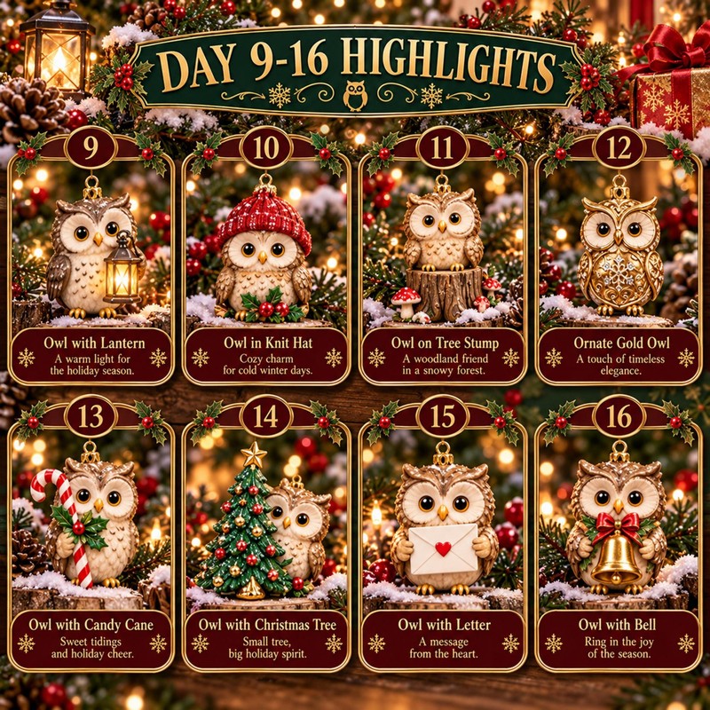 Christmas Advent Calendar - Set of 24 Owl-Themed Hanging Ornaments