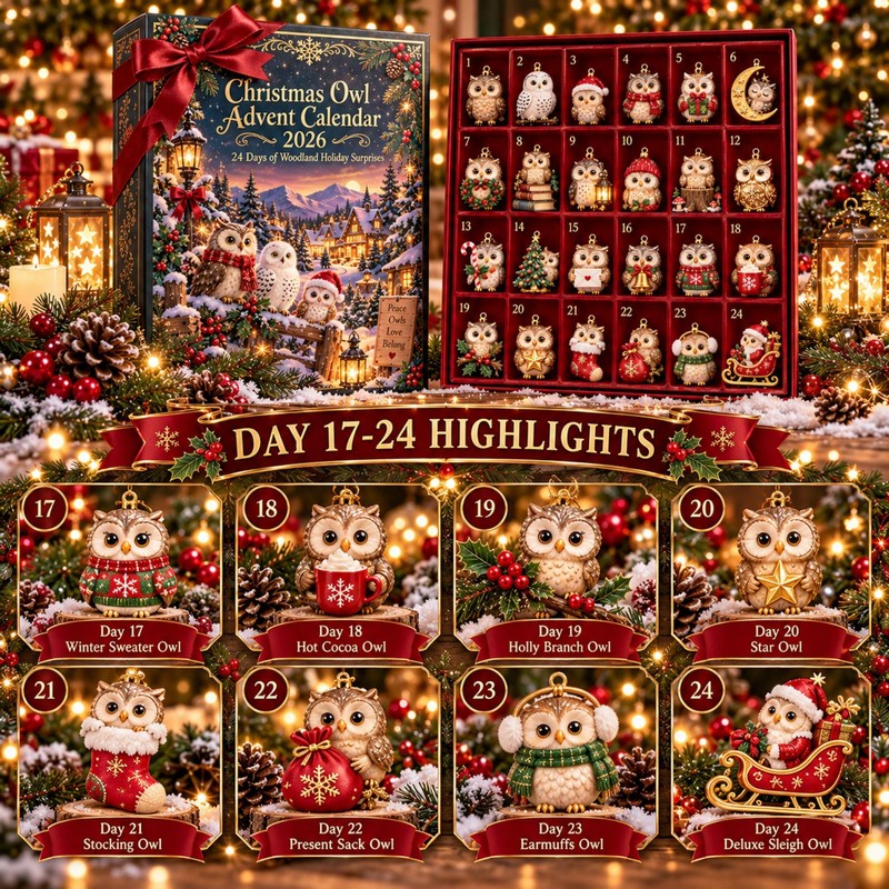 Christmas Advent Calendar - Set of 24 Owl-Themed Hanging Ornaments