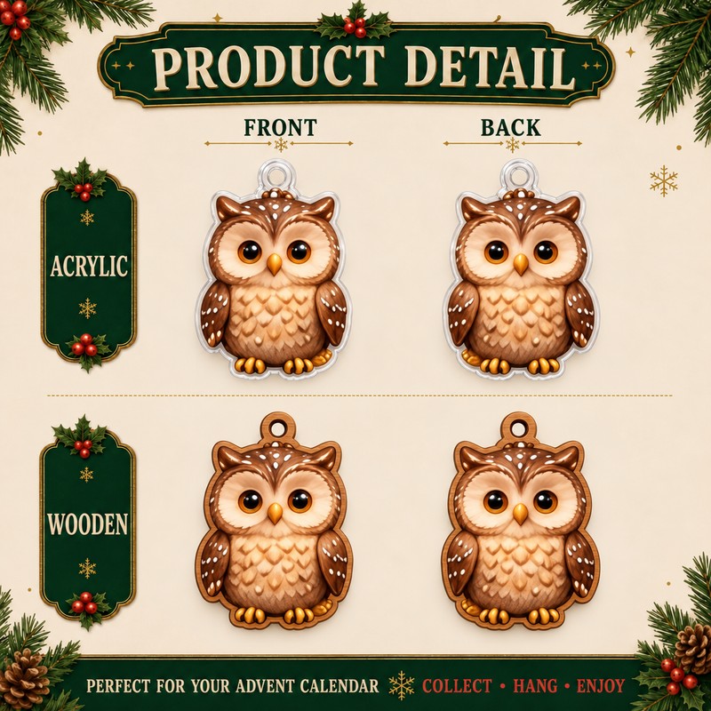 Christmas Advent Calendar - Set of 24 Owl-Themed Hanging Ornaments
