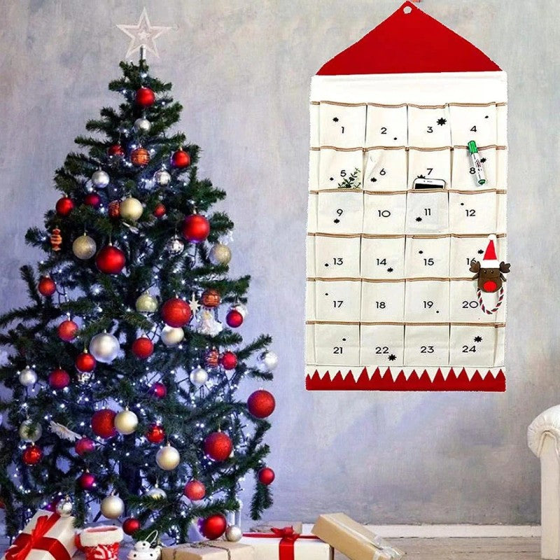 Christmas Advent Calendar - Wall-Mounted House Shape with 24 Pockets