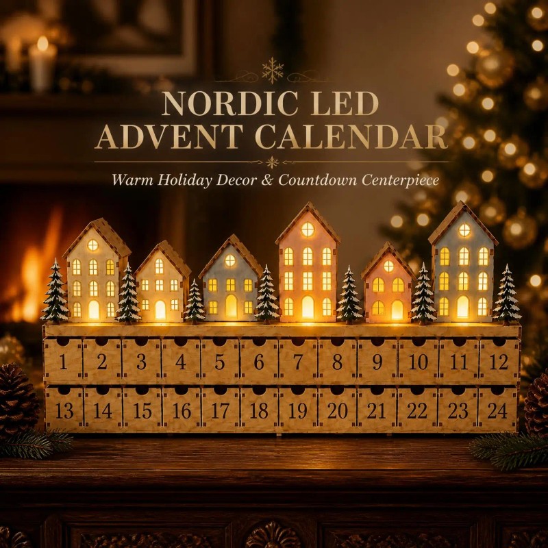 Christmas Advent Calendar with 24 Drawers - Village Scene and LED Lighting