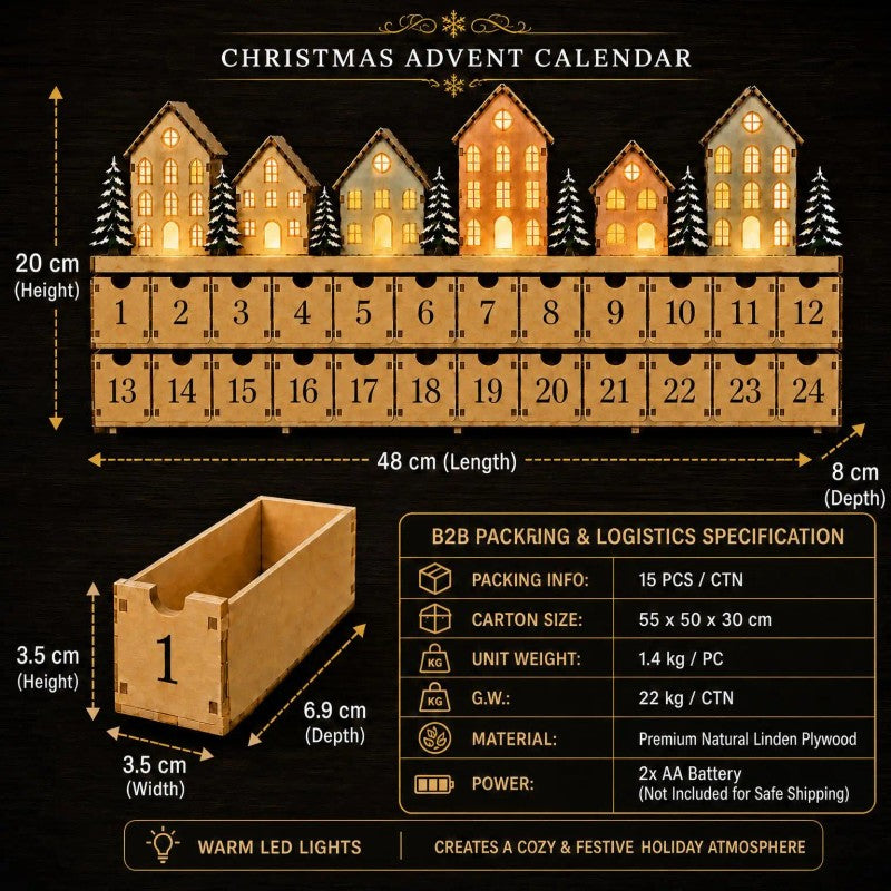 Christmas Advent Calendar with 24 Drawers - Village Scene and LED Lighting
