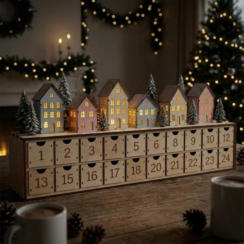 Christmas Advent Calendar with 24 Drawers - Village Scene and LED Lighting