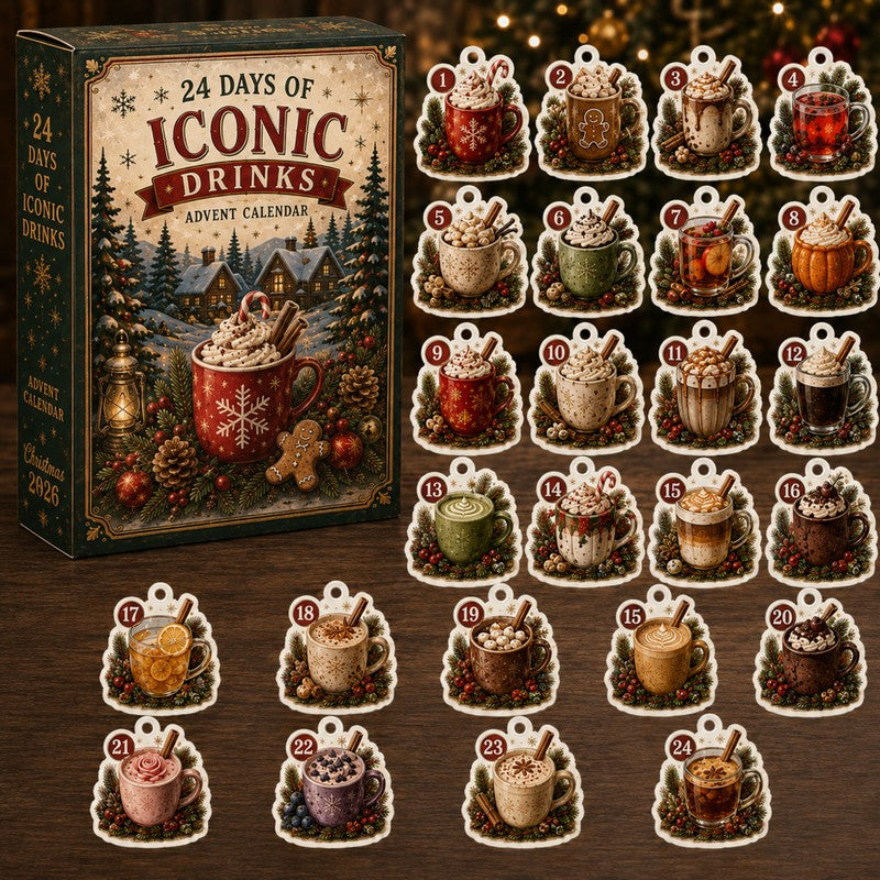 Christmas Advent Calendar with 24 Drink-Themed Ornaments - Wooden or Acrylic Charms