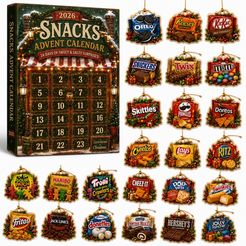Christmas Advent Calendar with 24 Snack-Themed Ornaments - Wooden Charms or Acrylic Charms