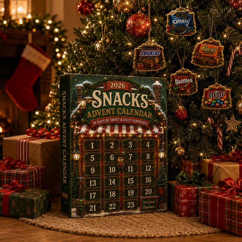 Christmas Advent Calendar with 24 Snack-Themed Ornaments - Wooden Charms or Acrylic Charms