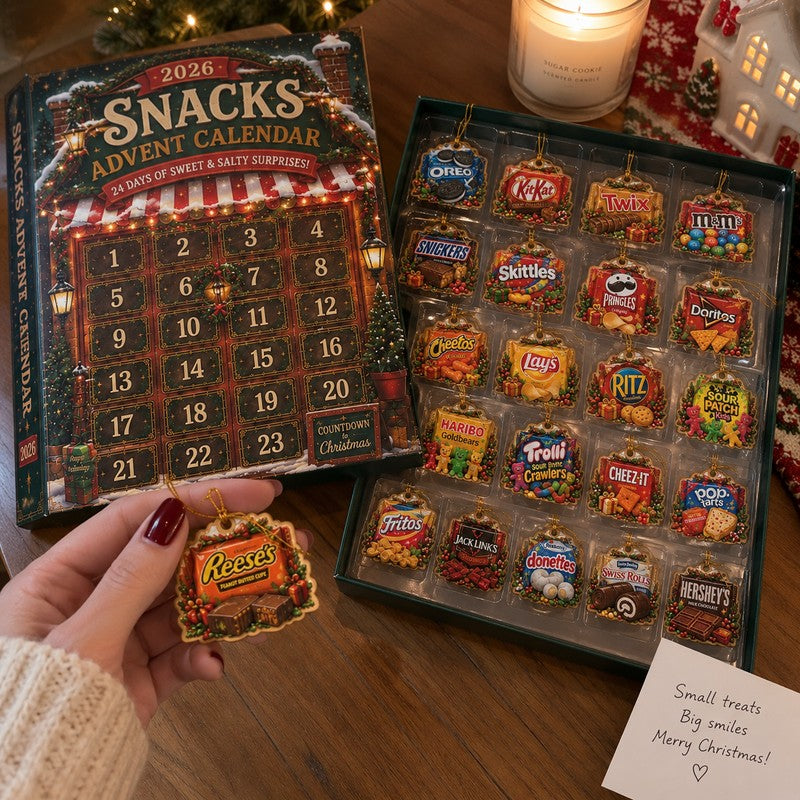 Christmas Advent Calendar with 24 Snack-Themed Ornaments - Wooden Charms or Acrylic Charms