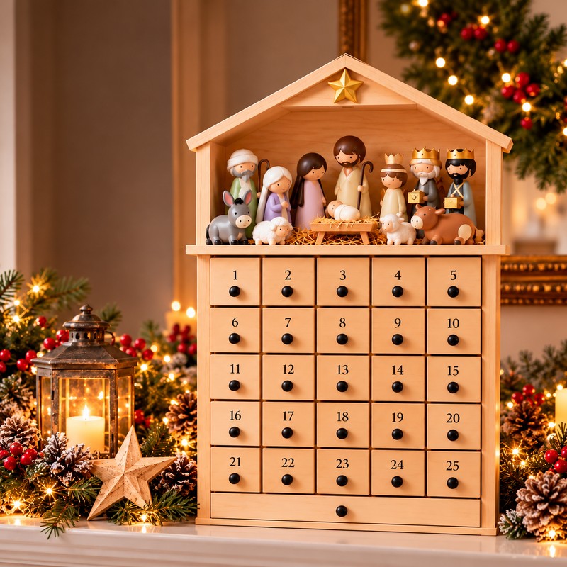 Christmas Lights Nativity Advent Calendar - Manger-Shaped Cabinet