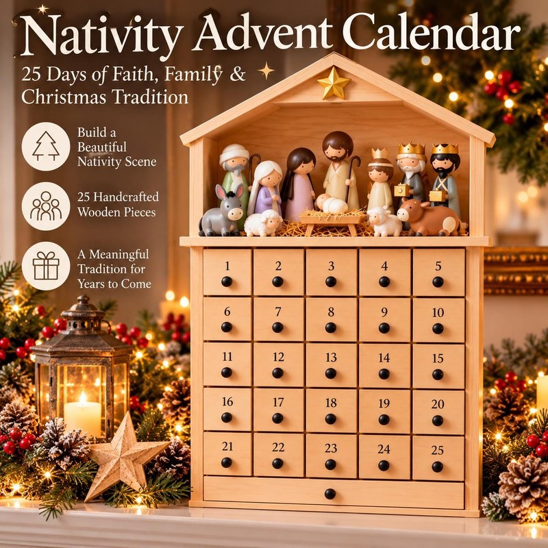 Christmas Lights Nativity Advent Calendar - Manger-Shaped Cabinet