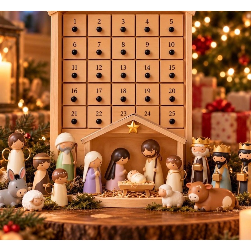 Christmas Lights Nativity Advent Calendar - Manger-Shaped Cabinet