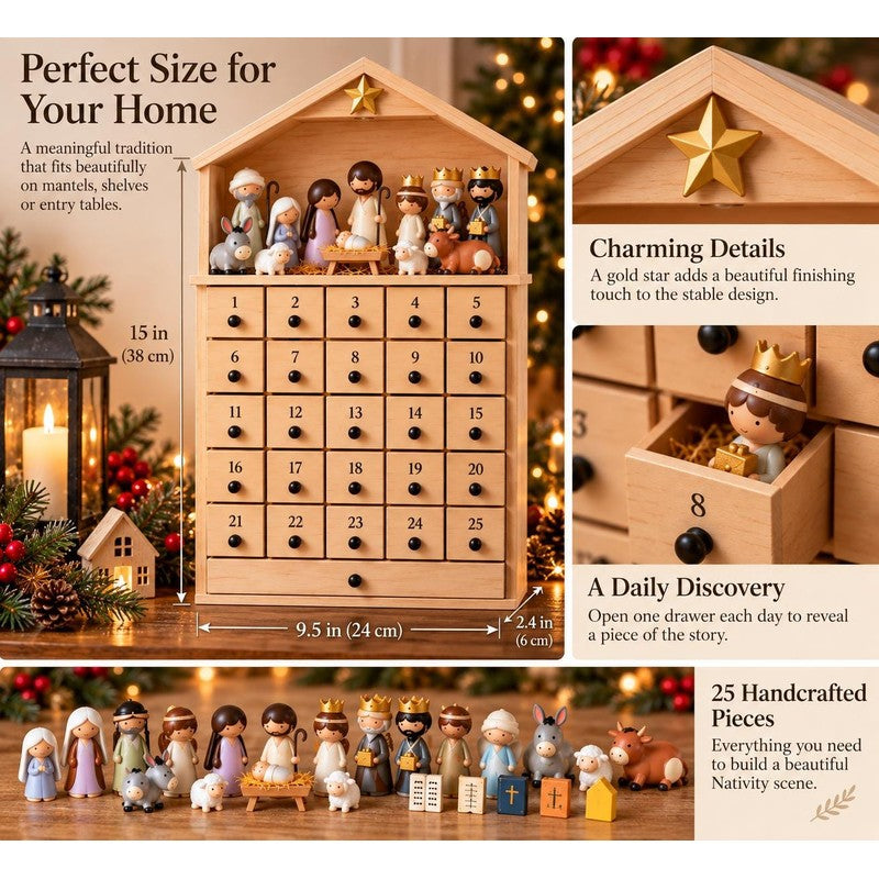 Christmas Lights Nativity Advent Calendar - Manger-Shaped Cabinet