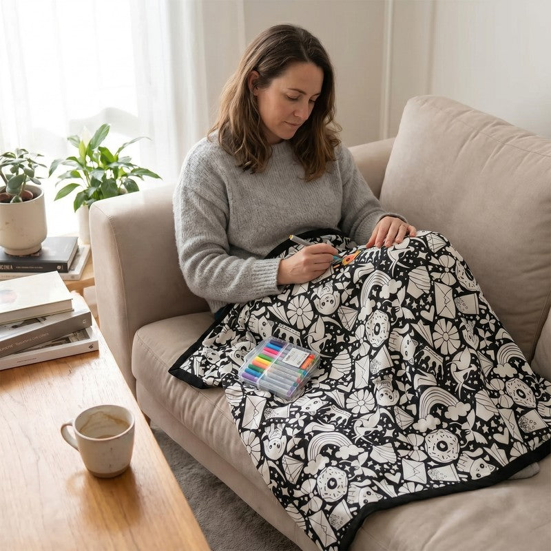 Colour-your-own Blanket Kit - Black and White Pattern with Fabric Markers